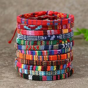 12 pcs Multicolor Woven Fabric Bracelet Set Boho Summer Beach Adjustable Braided